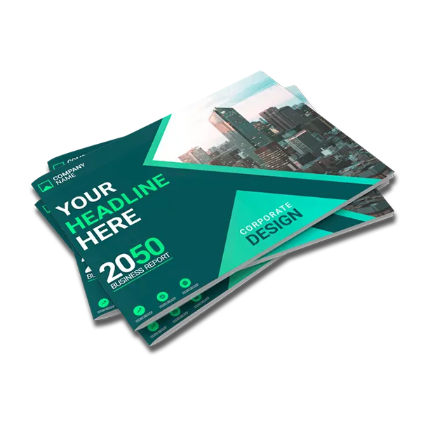 Stack of corporate business report booklets with a modern teal and green cover design.