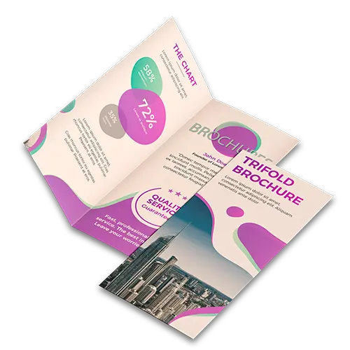 Modern trifold brochures design template with colorful graphics and city photo.