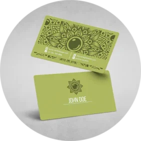Business Cards Printing in green color wit a mandala image in back side and a symbol in front side