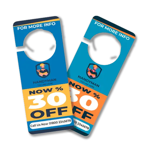 Handyman door hangers design template with blue and orange colors offering 30% off.