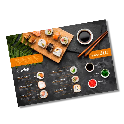Sushi menu layout with assorted sushi, sauces, and chopsticks on a dark background.