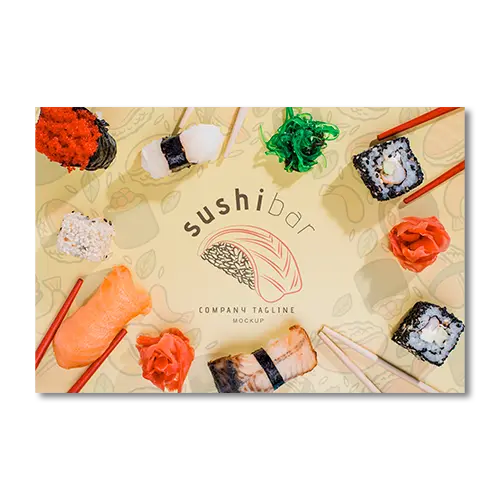 Printed sushi placemats featuring sushi pieces surrounding the logo on a light background.