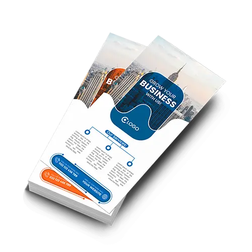 Corporate rack cards design template with city skyline and business growth theme.