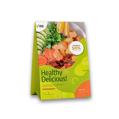Table tent menu design template with healthy food photo and 50% cashback offer.