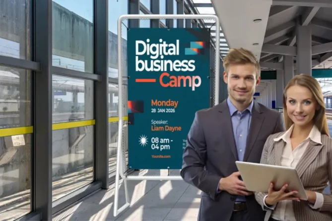 Vinyl banner display promoting a digital business camp event at a modern indoor venue.