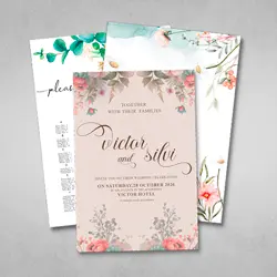 Floral wedding invitation printing cards with elegant design and decorative lettering.