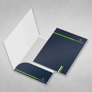 Blue presentation pocket folders, one of them open with right hand pocket with business card support