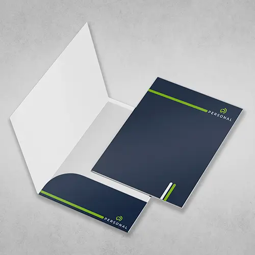 Blue presentation pocket folders, one of them open with right hand pocket with business card support