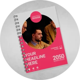 Binding Books Printing in this case a magenta book with some people in a meeting