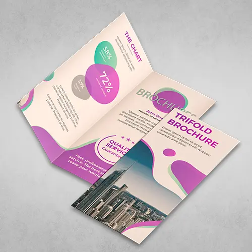 Modern trifold brochure design template with colorful graphics and city photo.