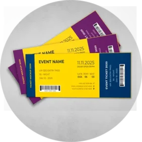 A vibrant ticket featuring a purple and yellow background, part of a collection of event tickets printing.