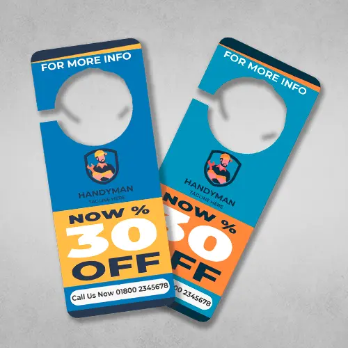 Custom Door Hangers Printing in blue and orange about 30% off
