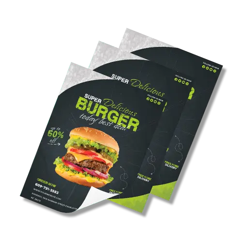 Burger restaurant flyer design featuring a large cheeseburger and promotional offer.