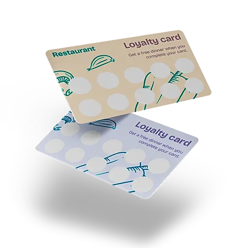 Floating restaurant loyalty cards with empty stamp circles.
