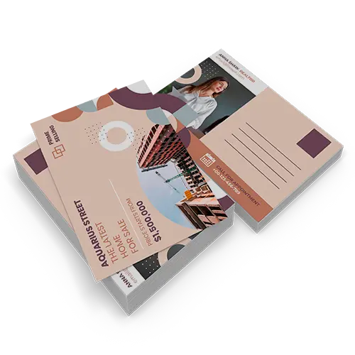 Real estate postcards template showing a property for sale with modern design.