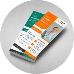 Some rack cards printing with a medical doctor image, accompanied by colorful rack cards advertising medical services.
