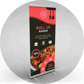 Retractable Banners Printing of a restaurant in magenta and black colors wit some images of food