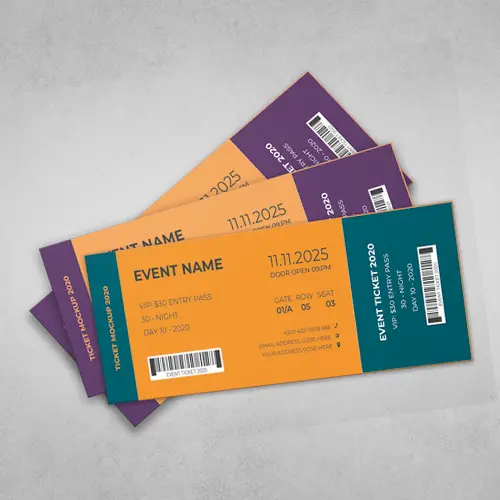 Some custom tickets of different orange, green and violet colors