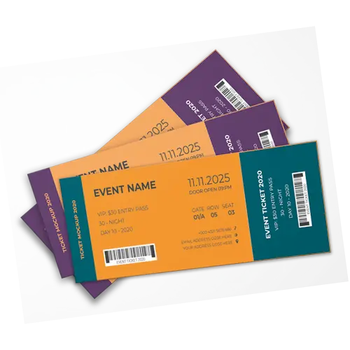 Printed event tickets in different colors stacked together.