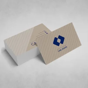 Elegant business cards wit modern logo in red on a wooden desk