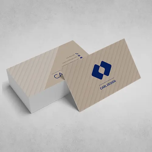 Elegant business cards wit modern logo in red on a wooden desk